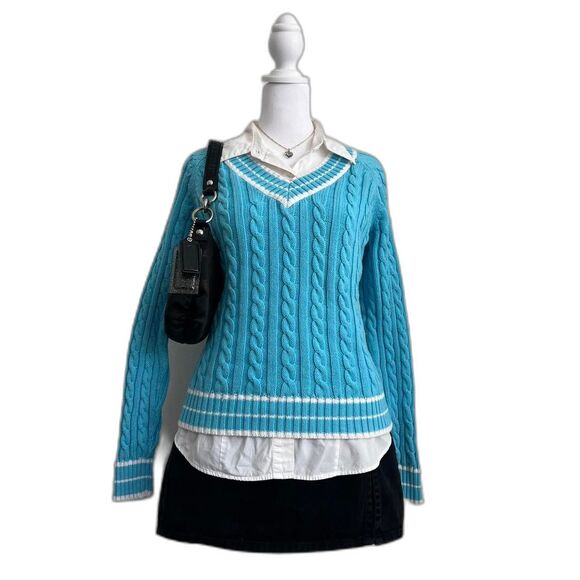 St Johns Bay cable knit v neck sweater blue white trim - Picture 1 of 6